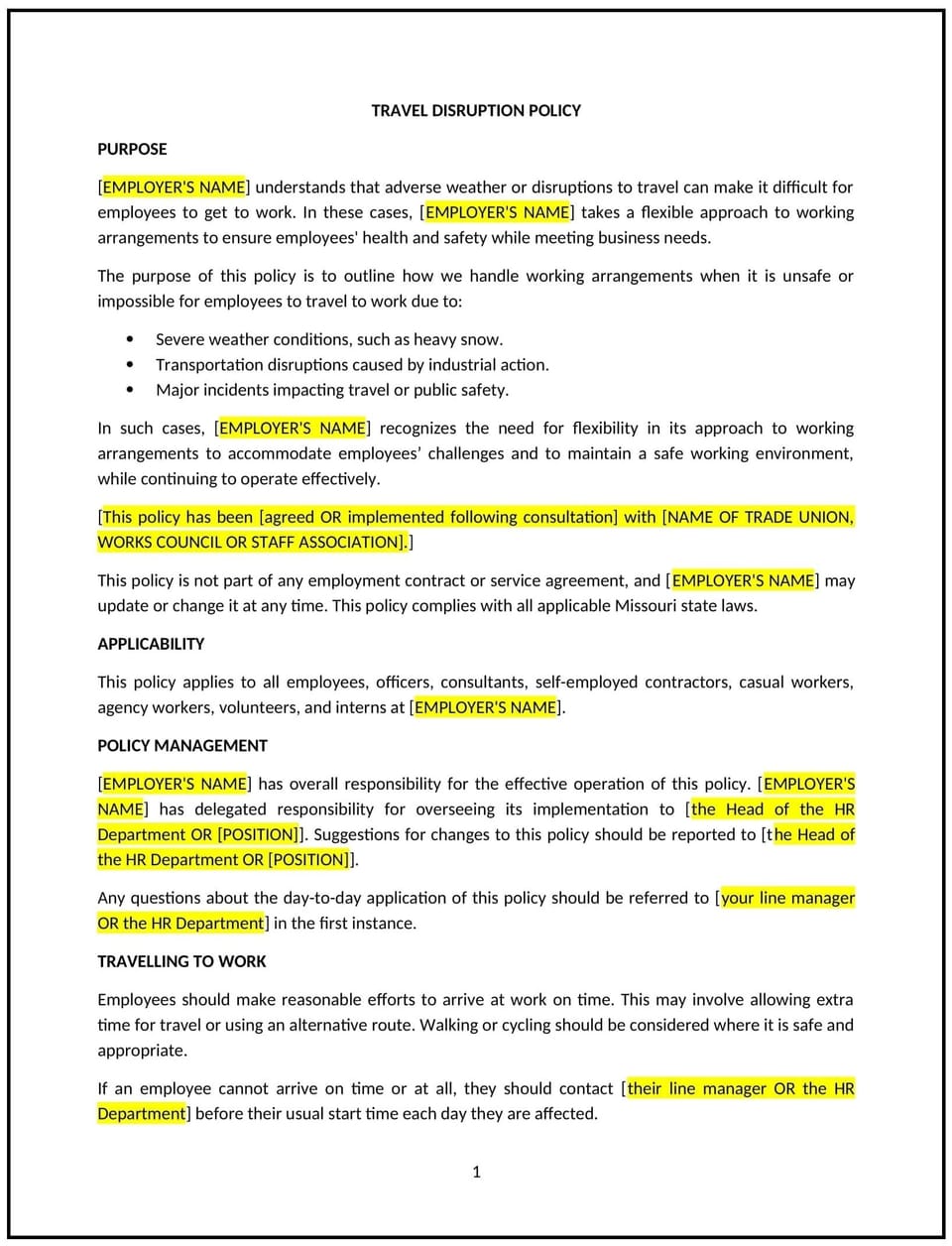 Travel disruption policy (Missouri): Free template