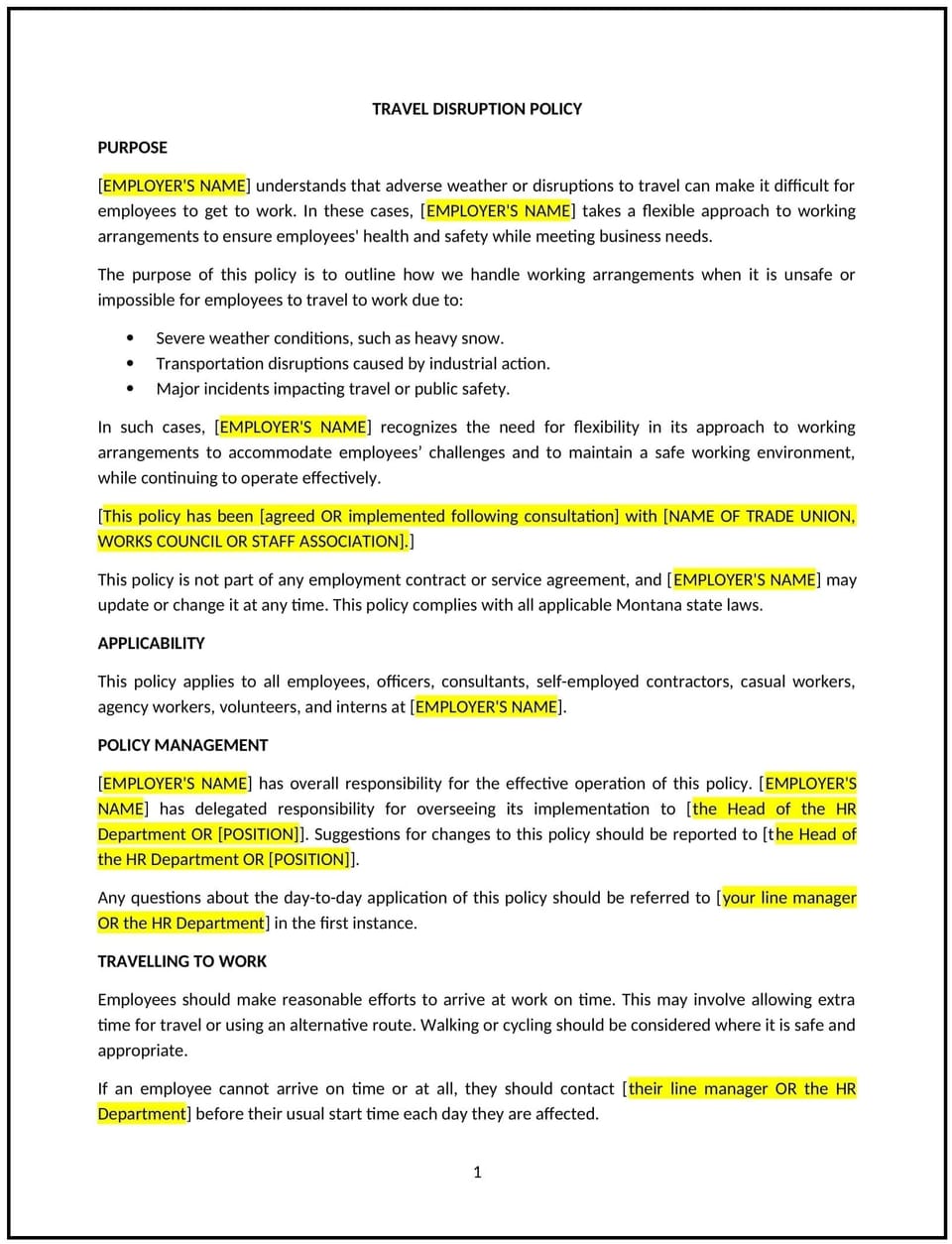 Travel disruption policy (Montana): Free template