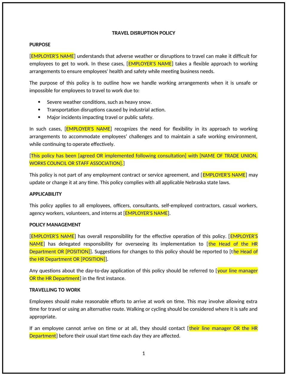 Travel disruption policy (Nebraska): Free template