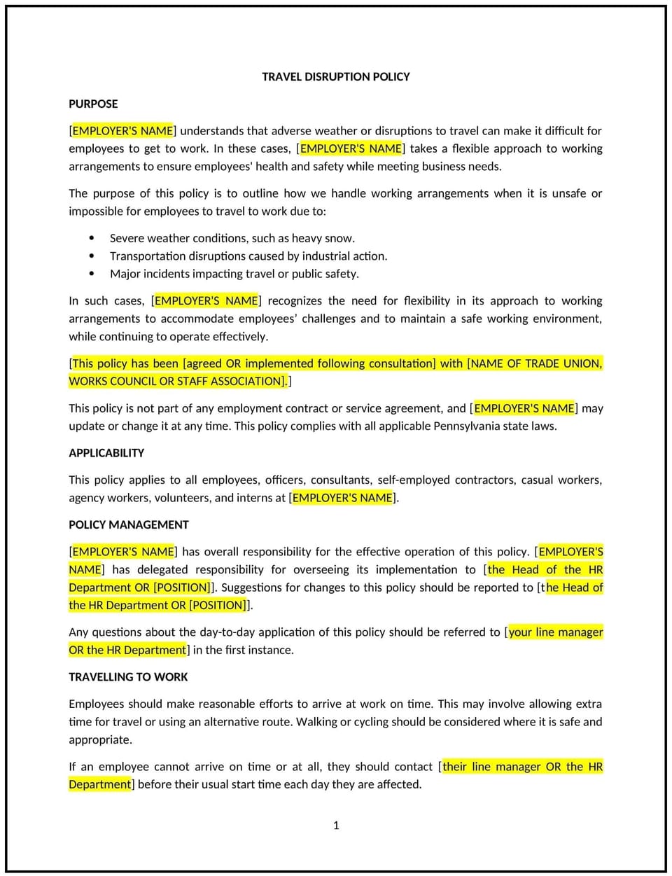 Travel disruption policy (Pennsylvania): Free template
