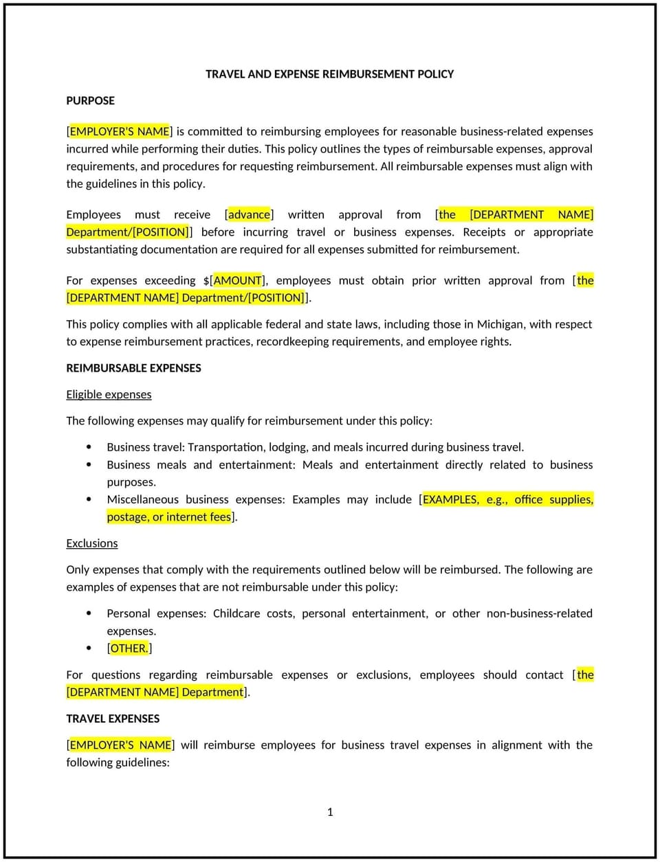 Travel and expense reimbursement policy (Michigan): Free template