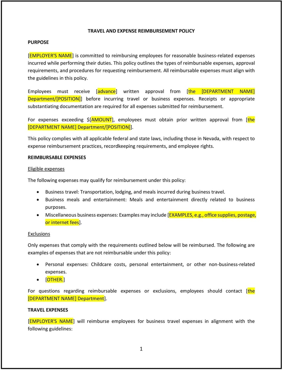 Travel and expense reimbursement policy (Nevada): Free template