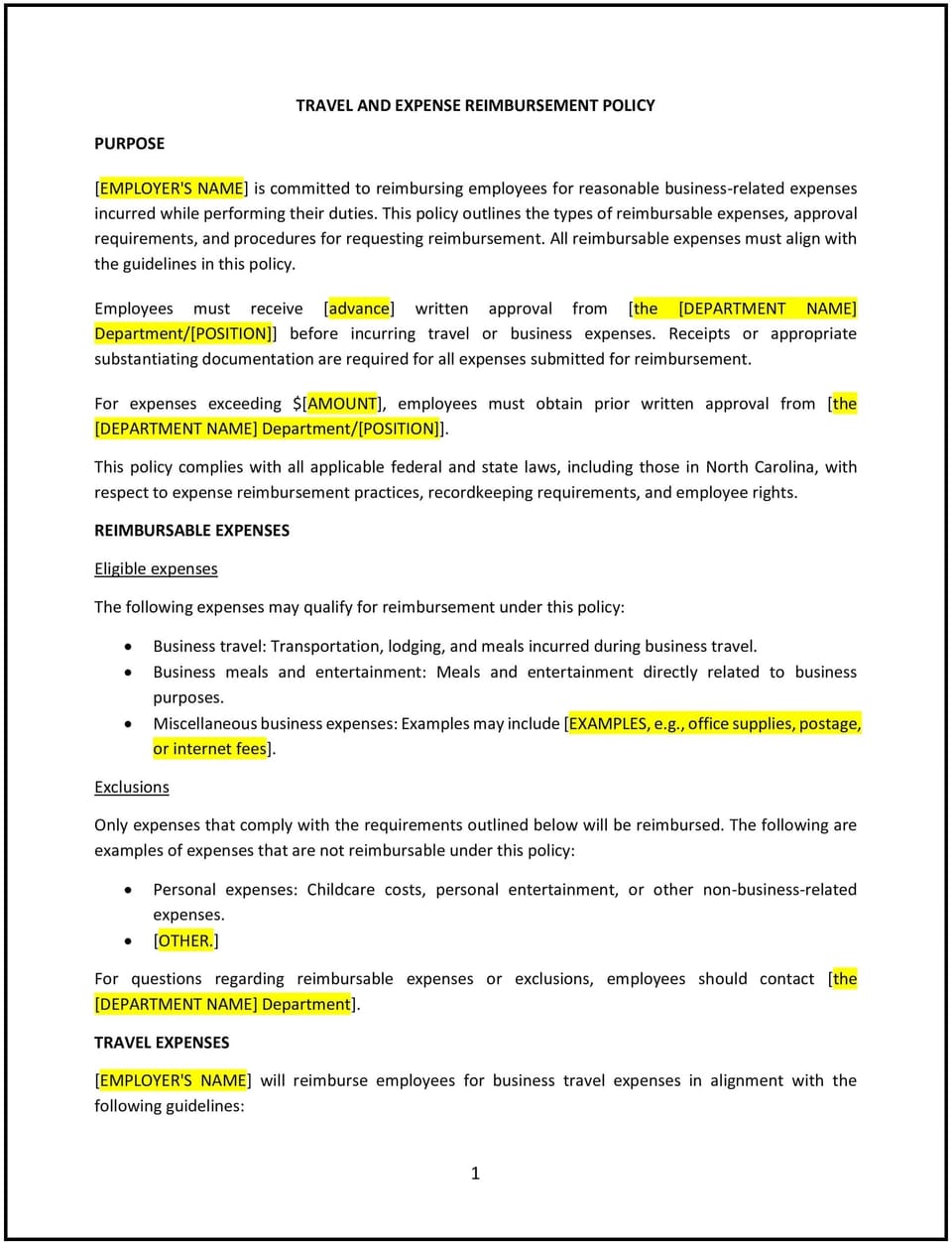 Travel and expense reimbursement policy (North Carolina): Free template