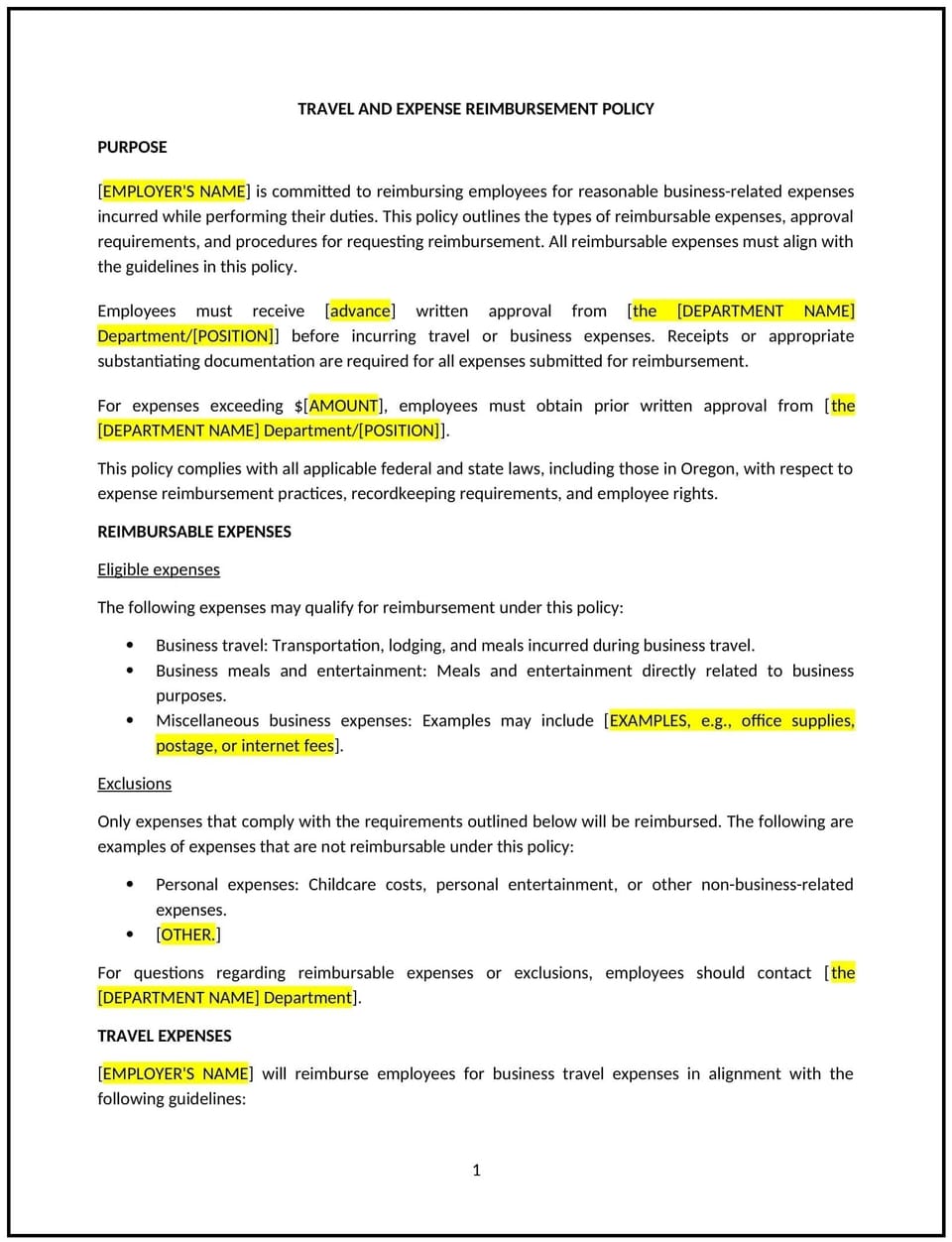 Travel and expense reimbursement policy (Oregon): Free template