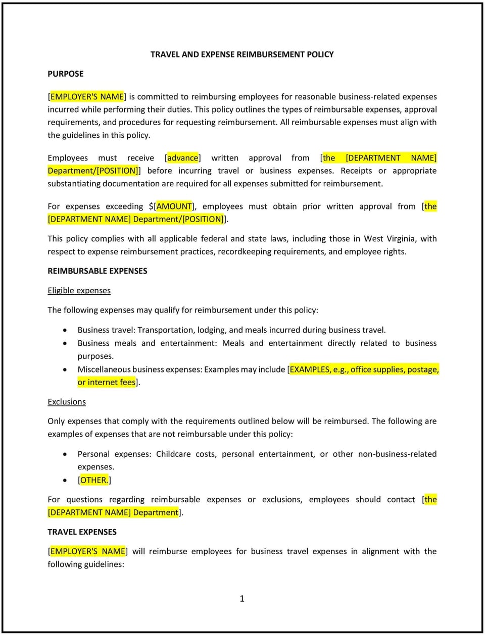 Travel and expense reimbursement policy (West Virginia): Free template