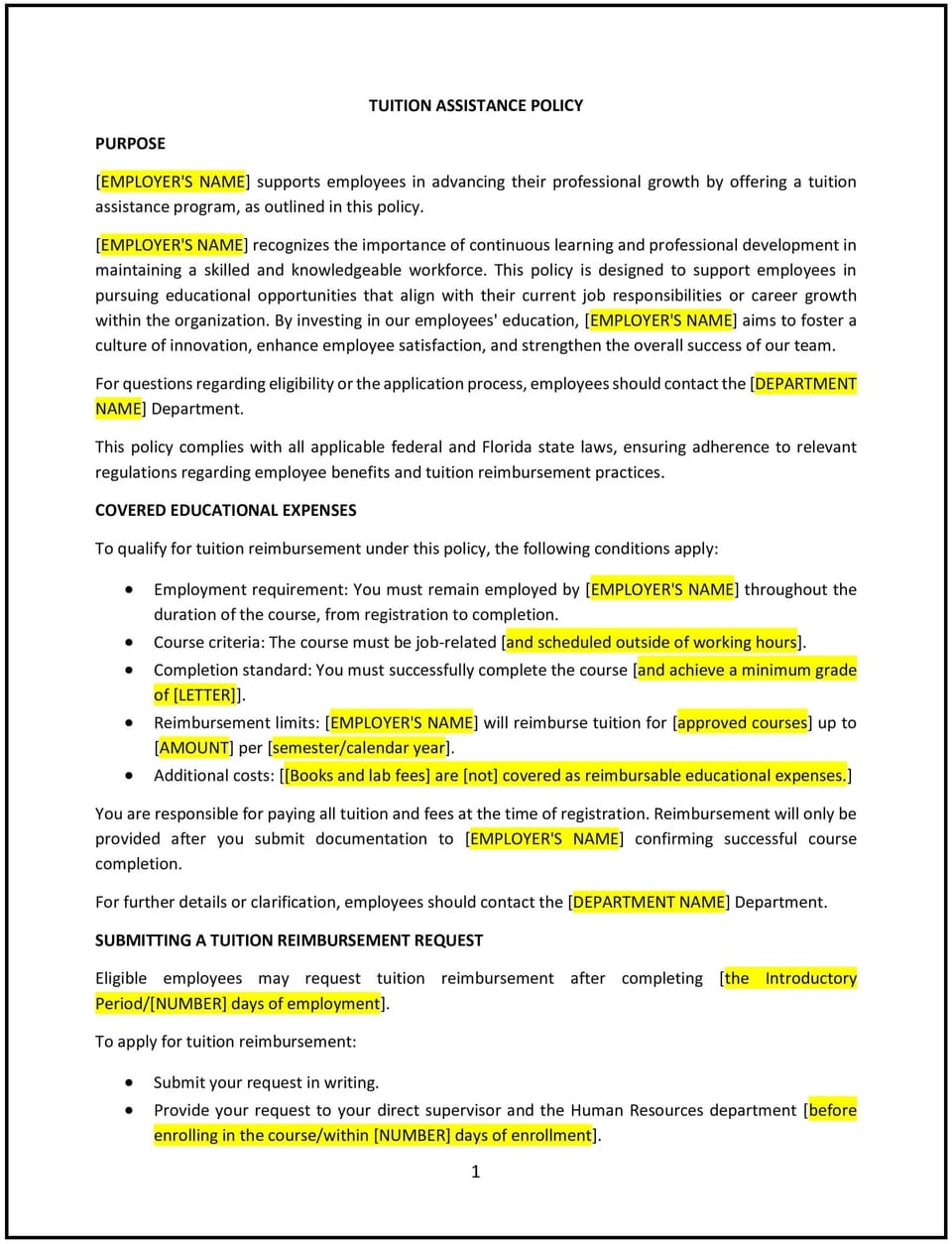 Tuition assistance policy (Florida): Free template