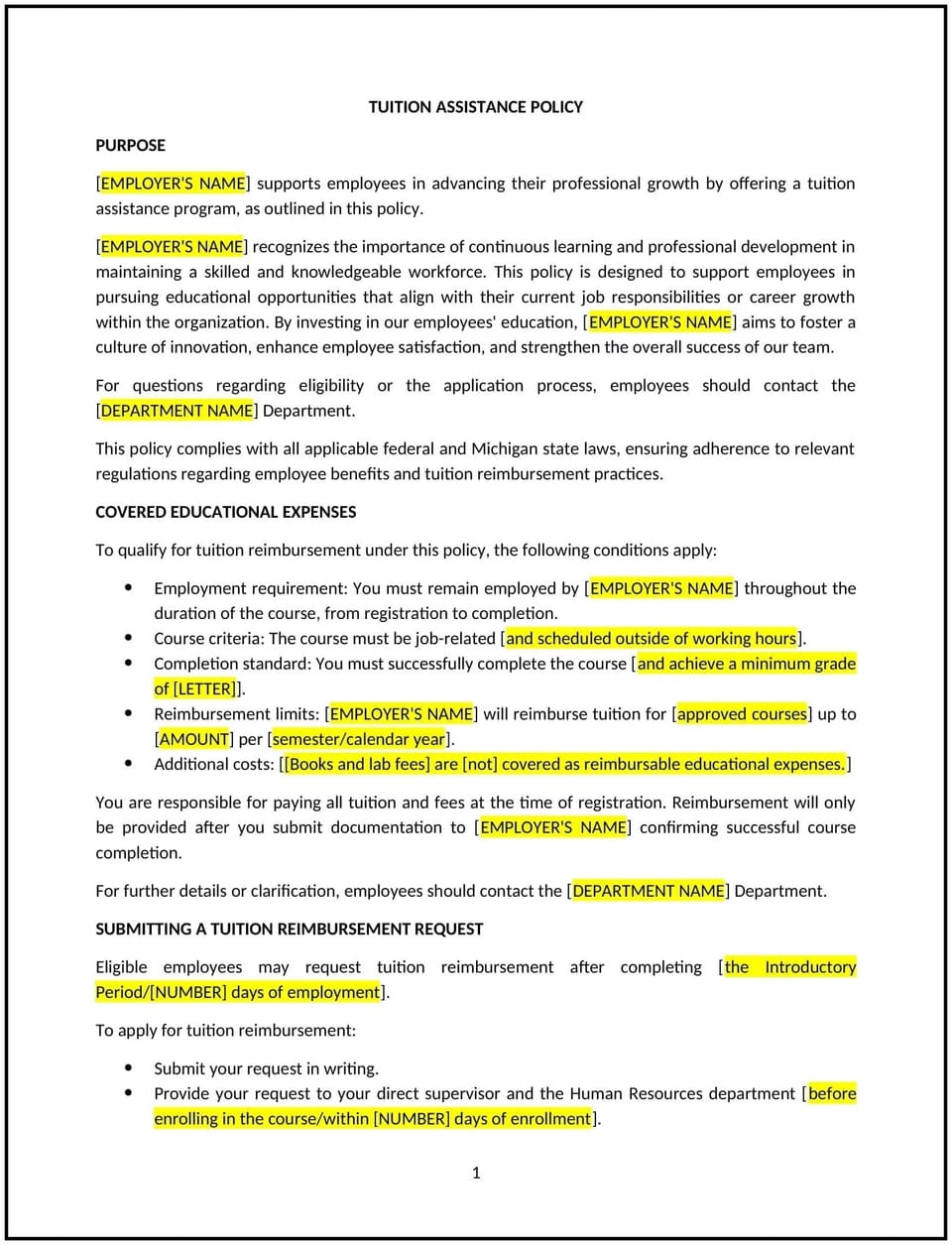 Tuition assistance policy (Michigan): Free template