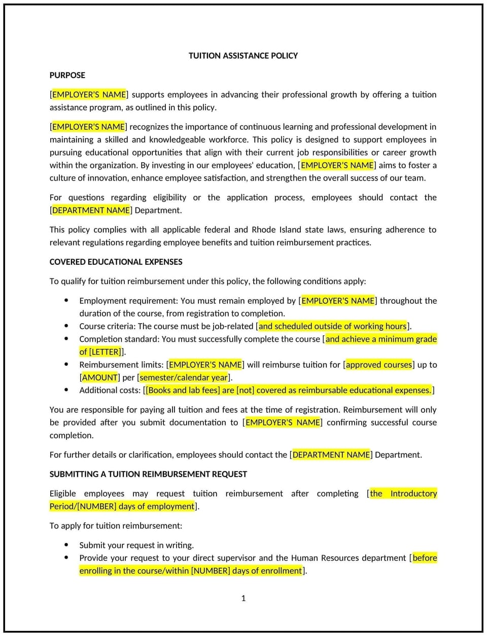 Tuition assistance policy (Rhode Island): Free template