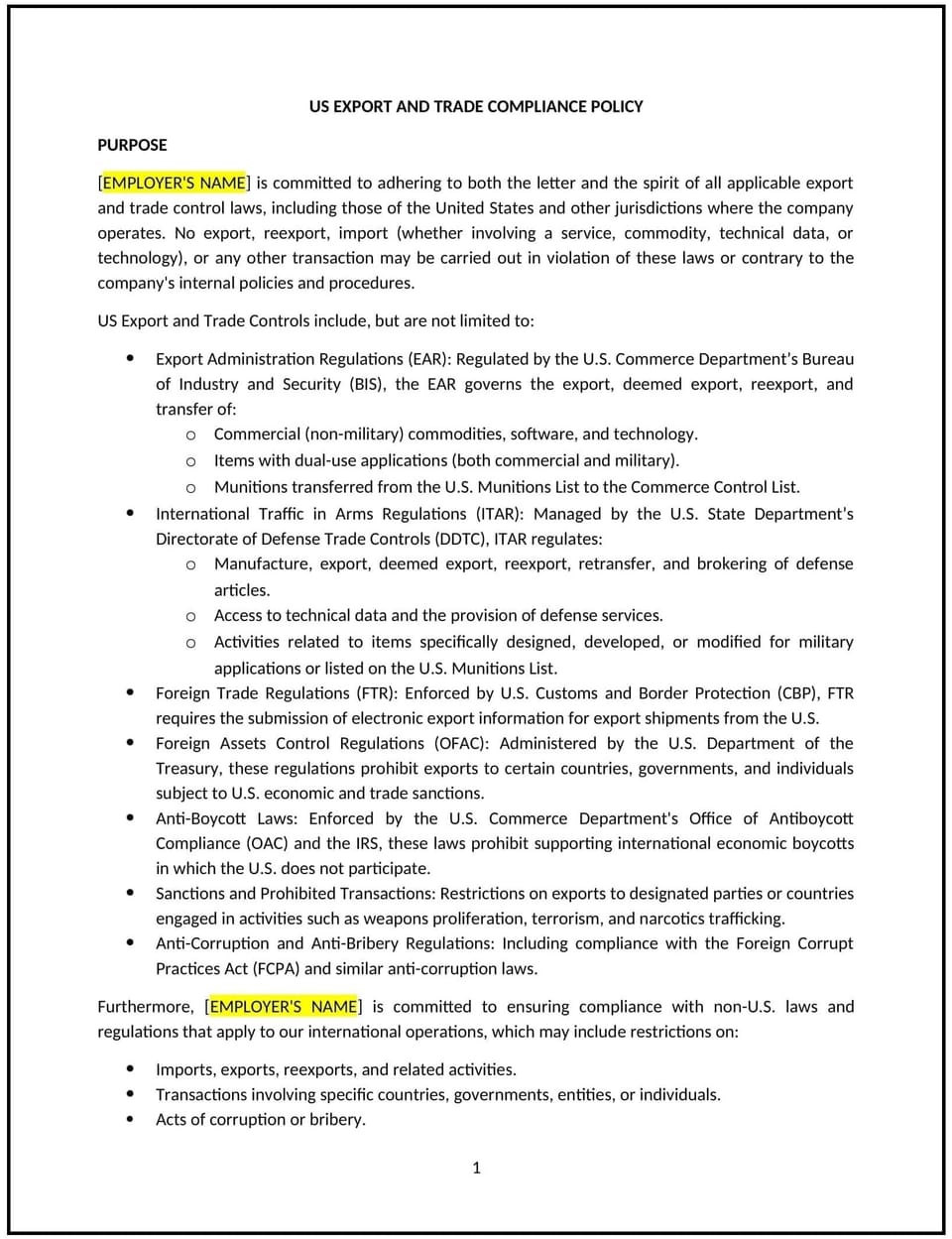 US export and trade compliance policy (Tennessee): Free template