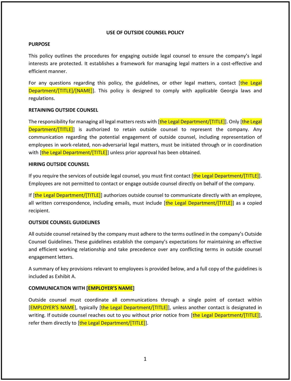 Use of outside counsel policy (Georgia): Free template