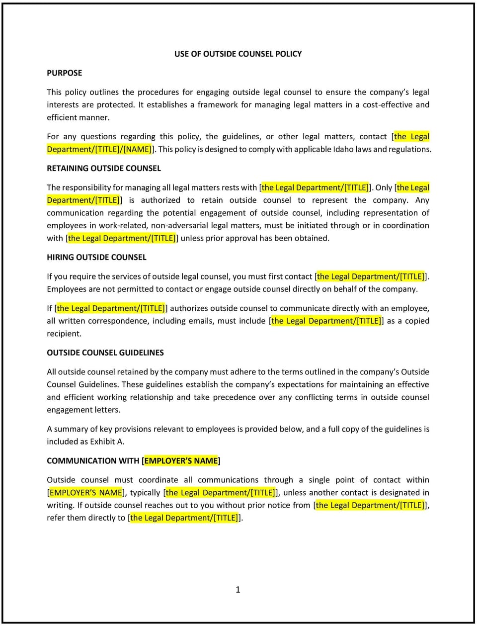 Use of outside counsel policy (Idaho): Free template