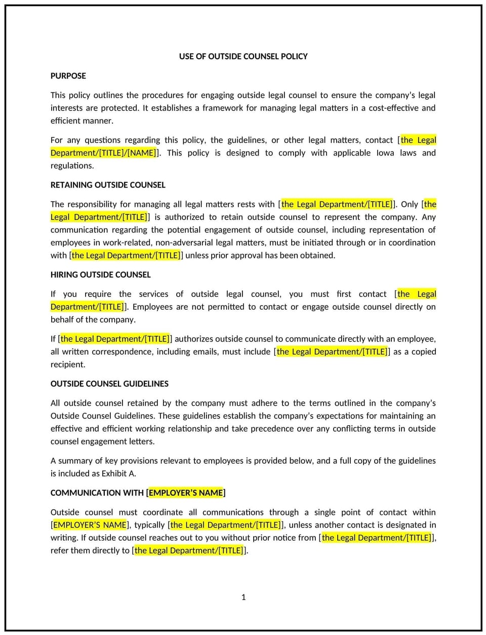 Use of outside counsel policy (Iowa): Free template