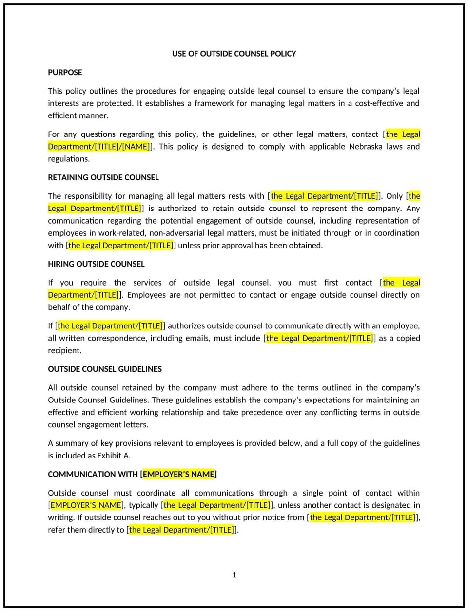 Use of outside counsel policy (Nebraska): Free template