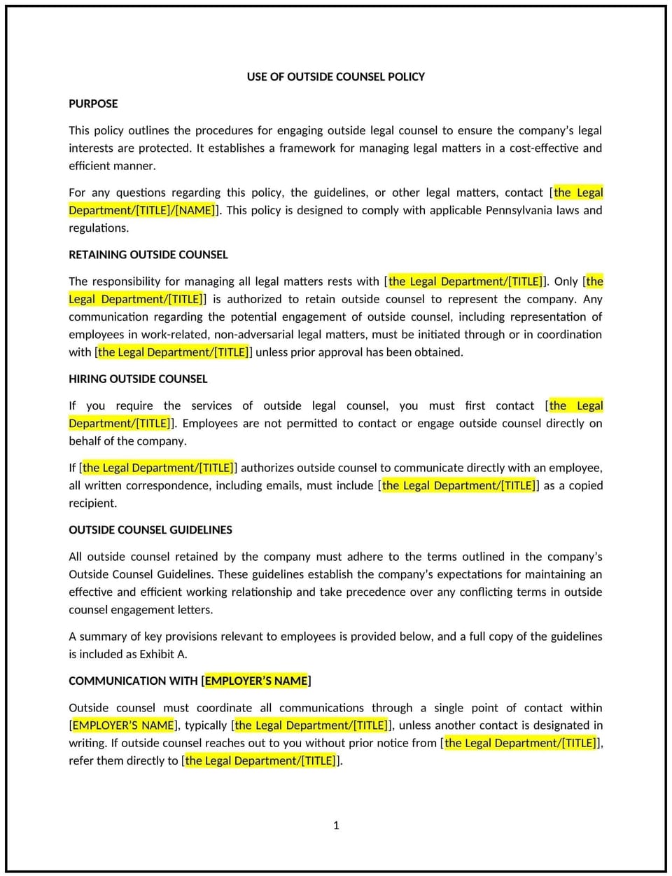 Use of outside counsel policy (Pennsylvania): Free template