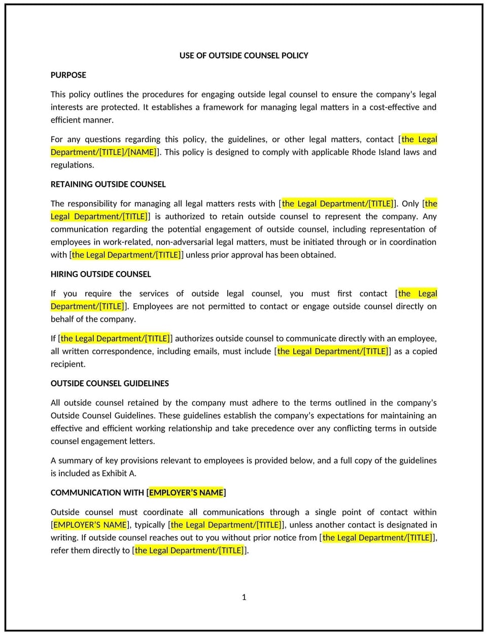 Use of outside counsel policy (Rhode Island): Free template