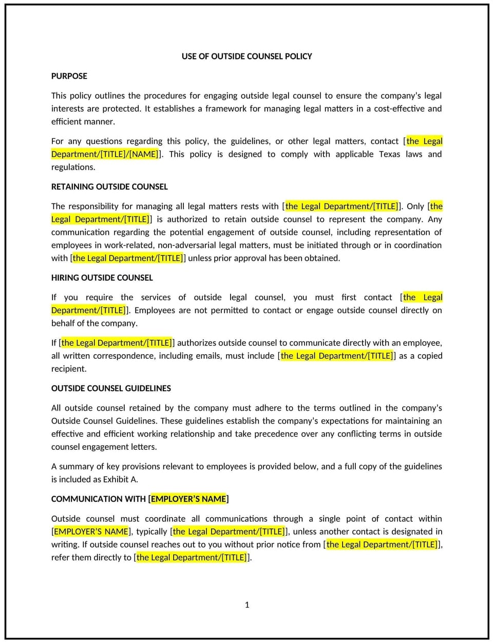 Use of outside counsel policy (Texas): Free template