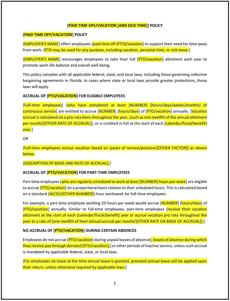 Vacation policy (Florida): Free template