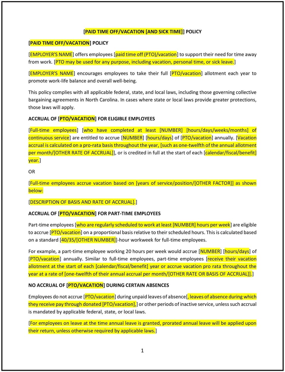 Vacation policy (North Carolina): Free template