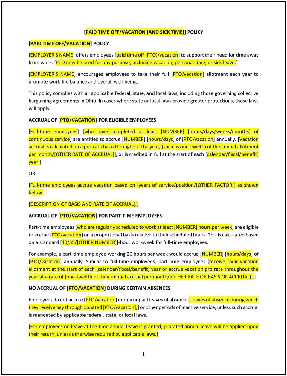 Vacation policy (Ohio): Free template