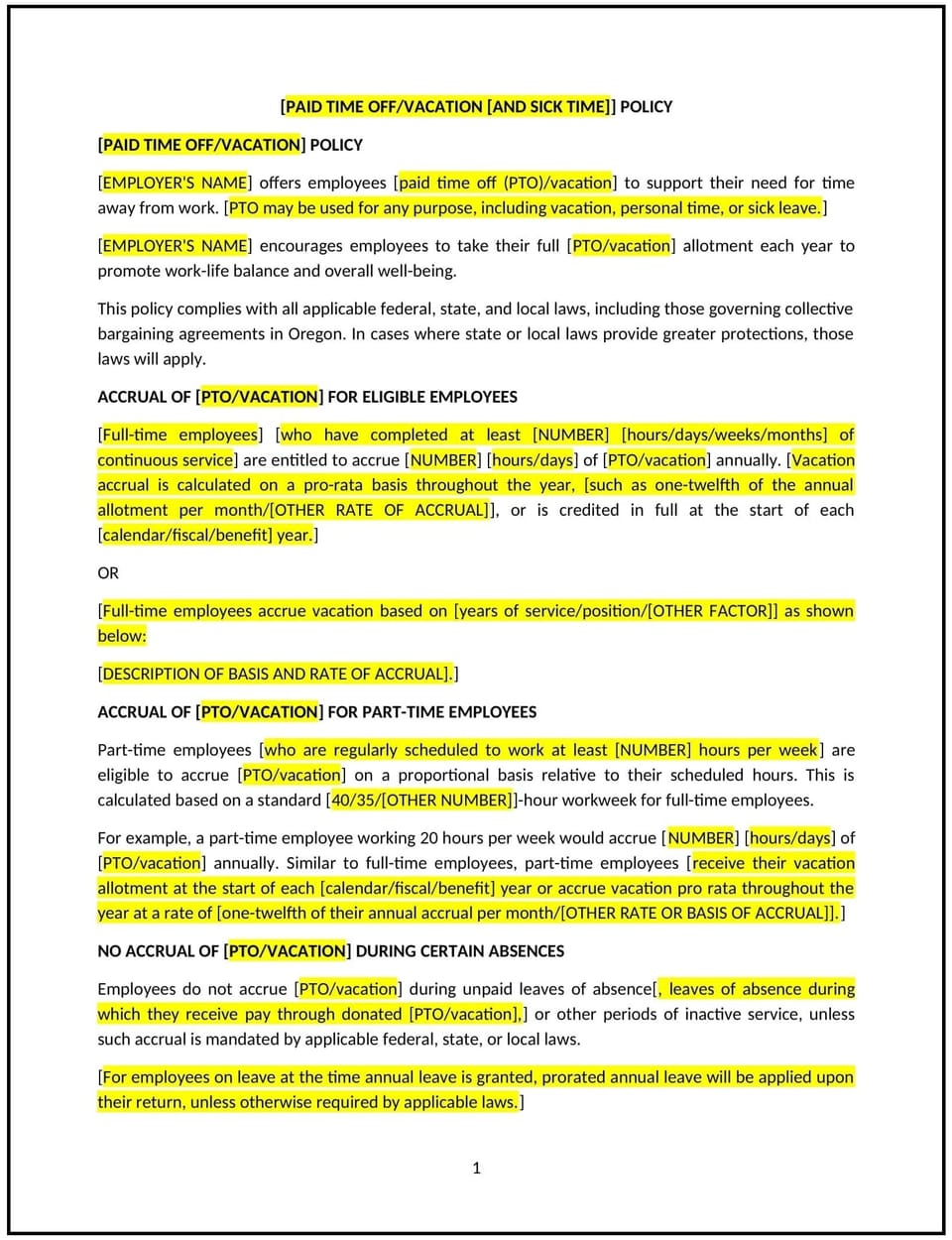 Vacation policy (Oregon): Free template