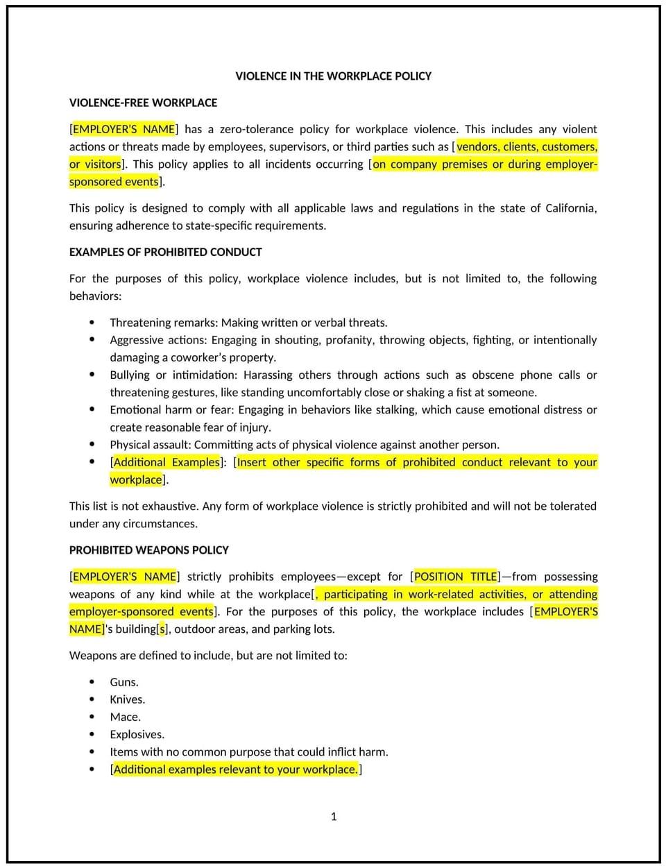 Violence in the workplace policy (California): Free template