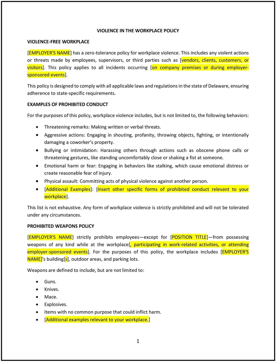 Violence in the workplace policy (Delaware): Free template