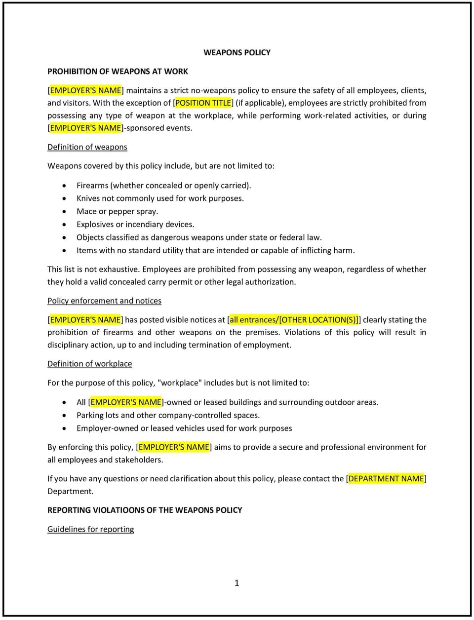 Weapons policy (Delaware): Free template