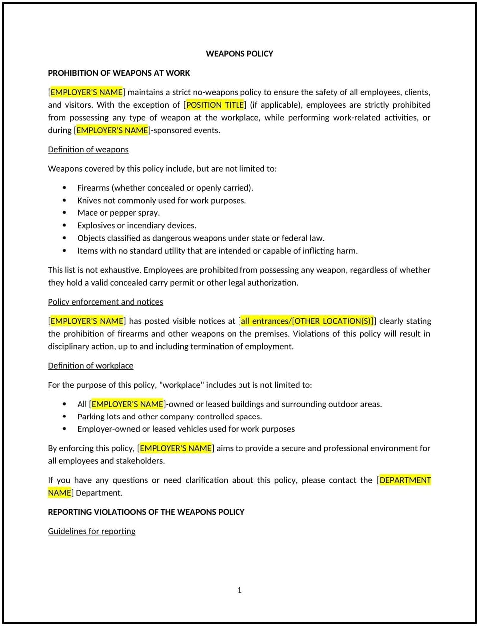 Weapons policy (Michigan): Free template