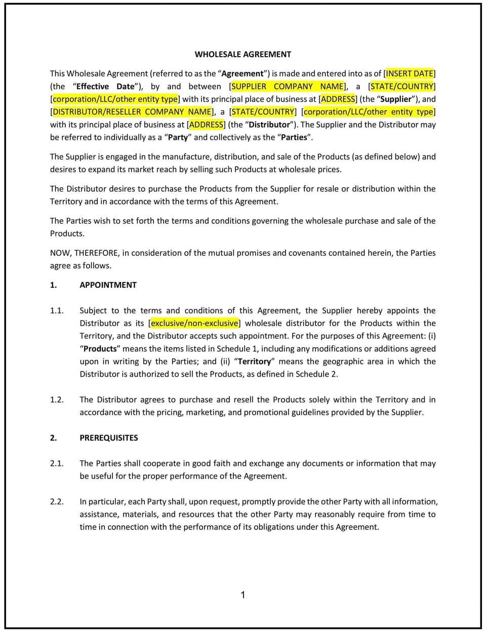 Wholesale Agreement (Maryland): Free template