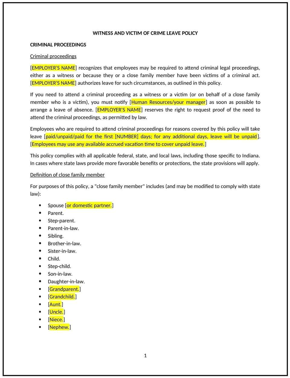 Witness and victim of crime leave policy (Indiana): Free template