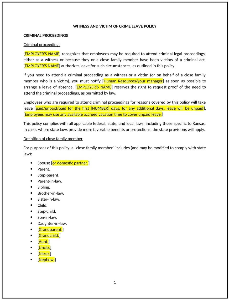 Witness and victim of crime leave policy (Kansas): Free template