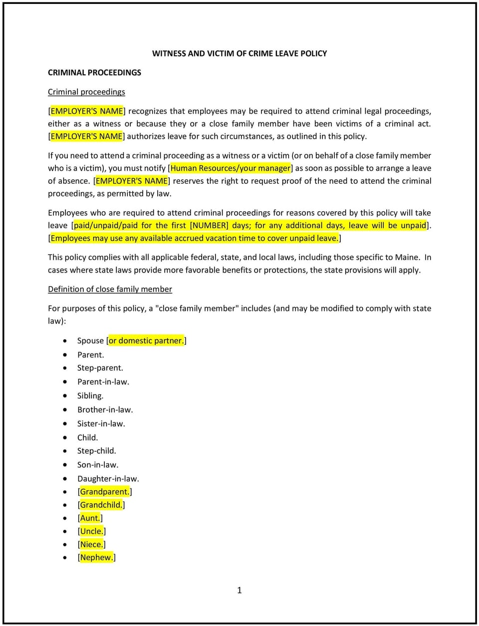 Witness and victim of crime leave policy (Maine): Free template