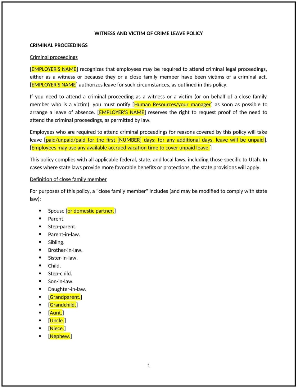 Witness and victim of crime leave policy (Utah): Free template
