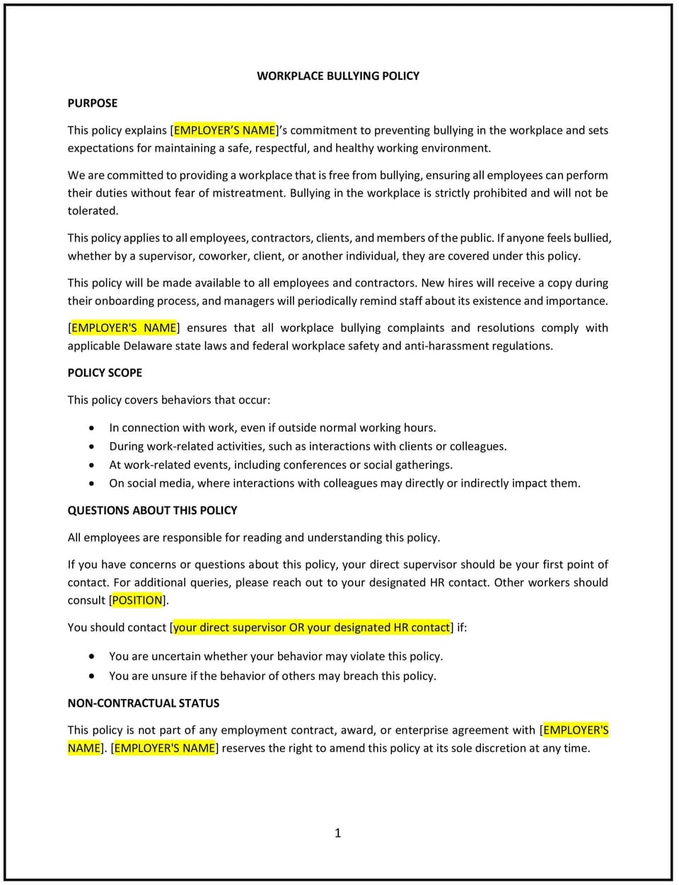 Workplace bullying policy (Delaware): Free template