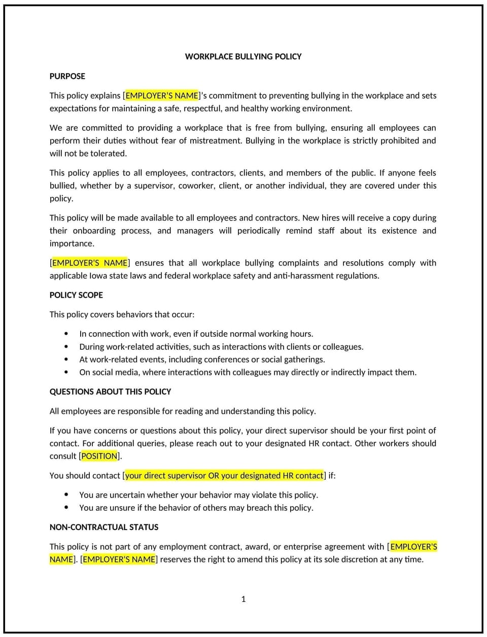 Workplace bullying policy (Iowa): Free template
