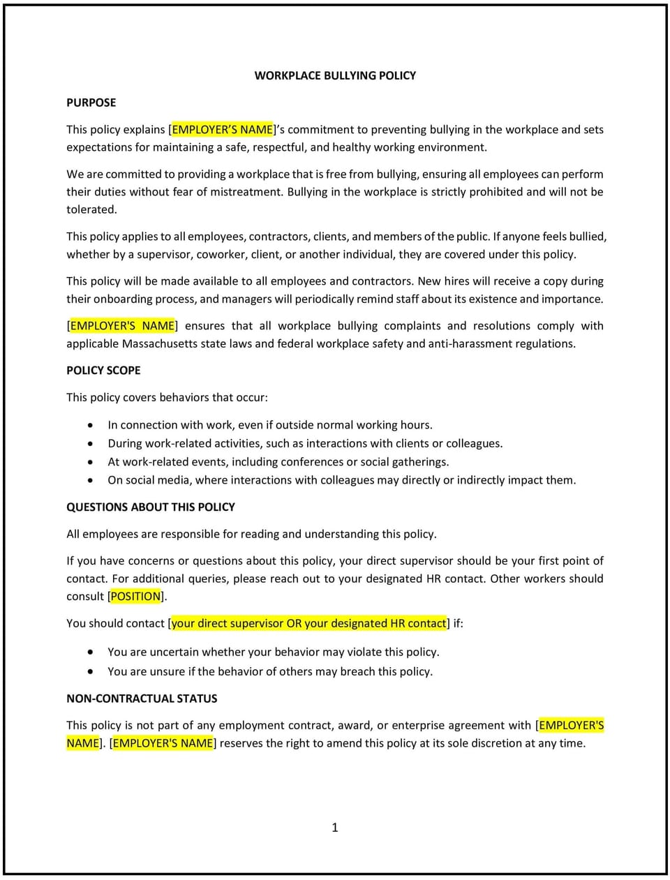 Workplace bullying policy (Massachusetts): Free template
