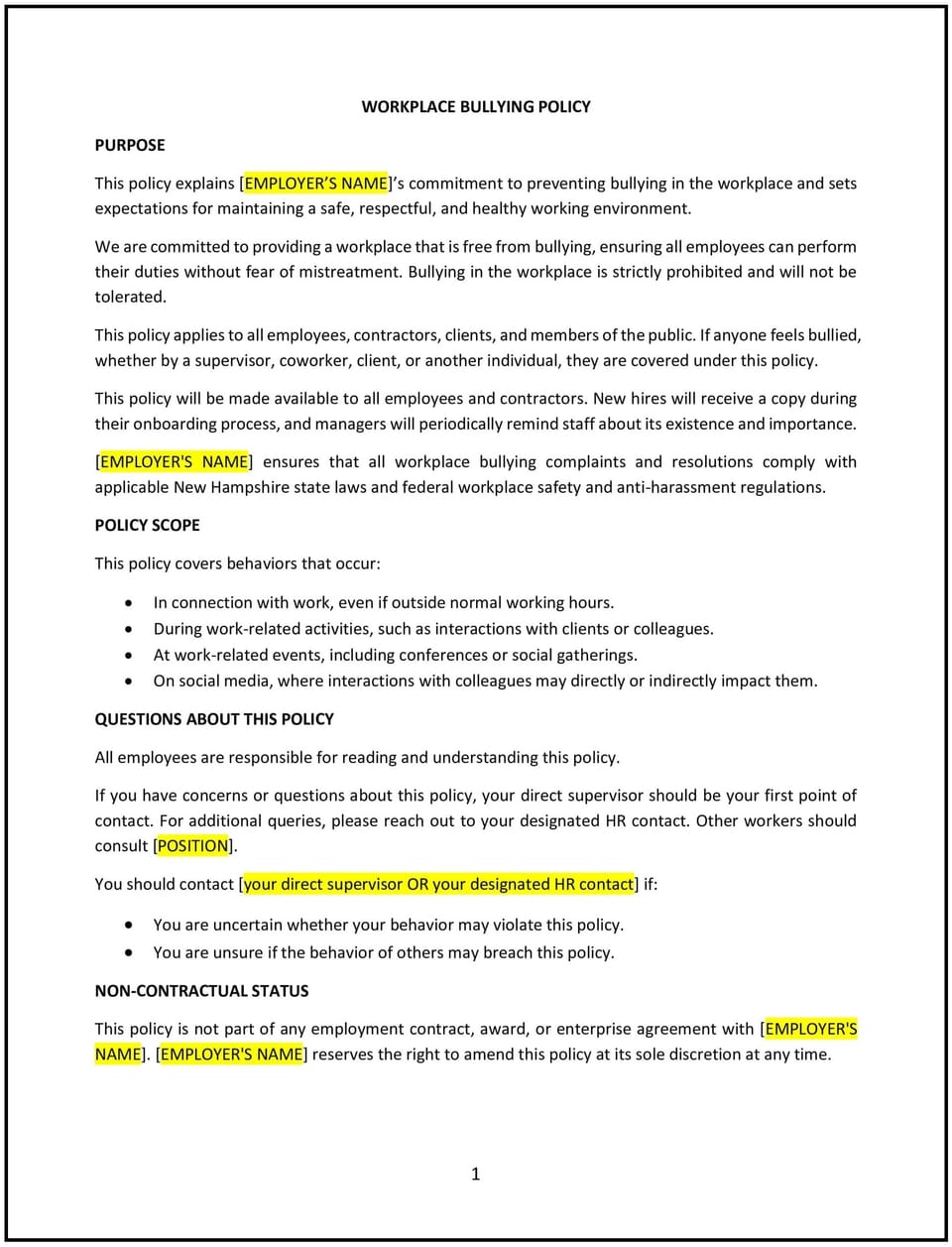 Workplace bullying policy (New Hampshire): Free template