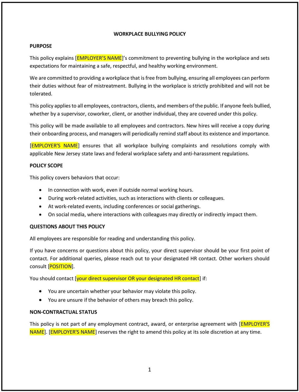 Workplace bullying policy (New Jersey): Free template