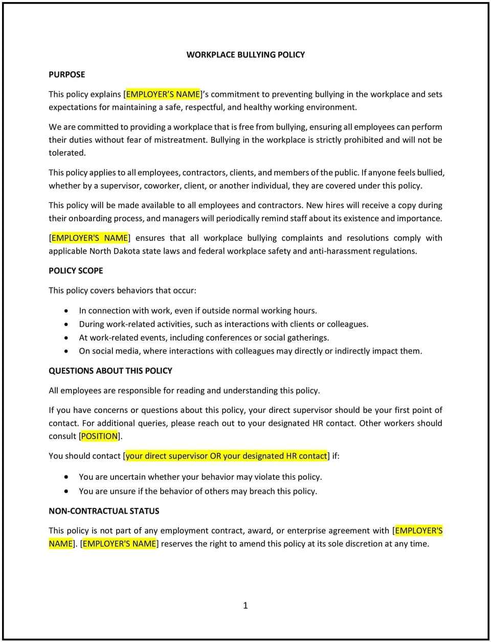 Workplace bullying policy (North Dakota): Free template