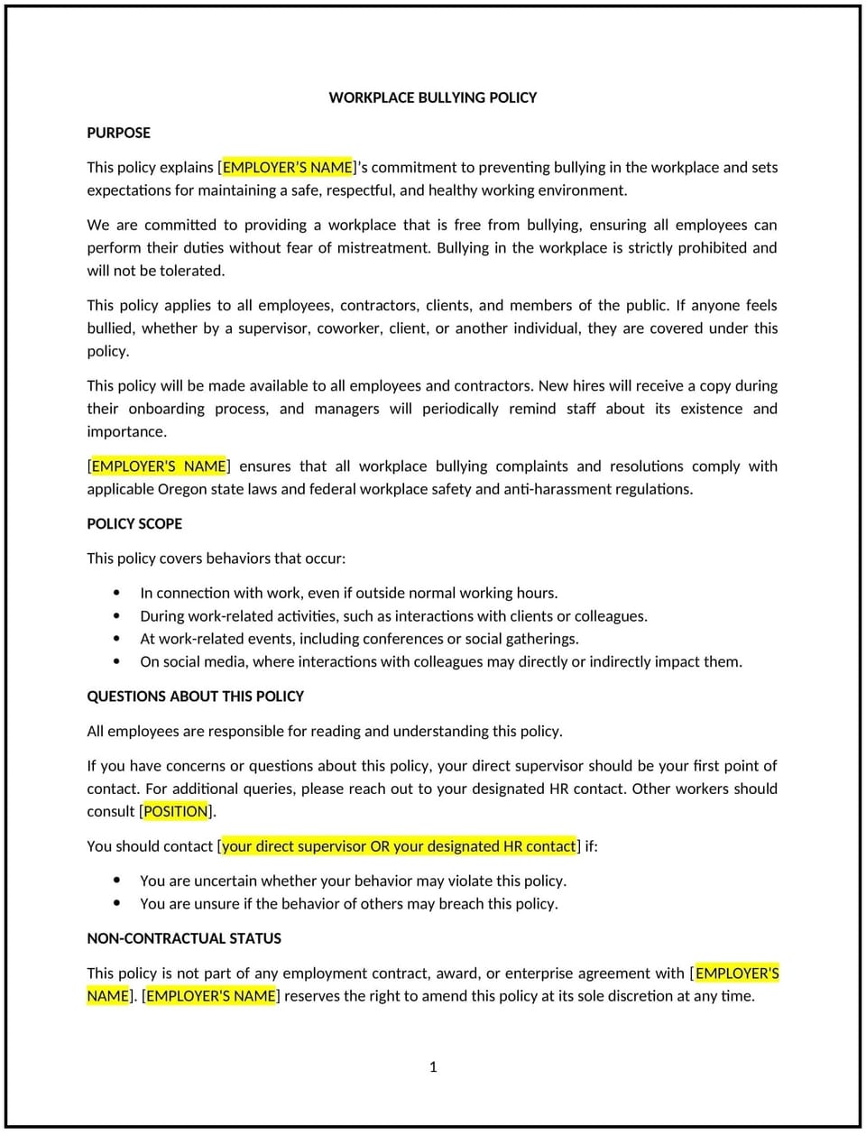 Workplace bullying policy (Oregon): Free template