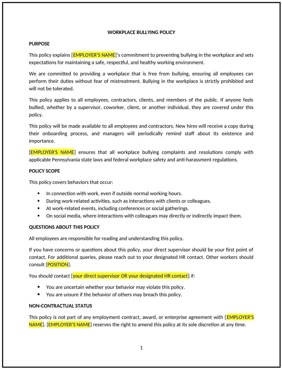 Workplace bullying policy (Pennsylvania): Free template