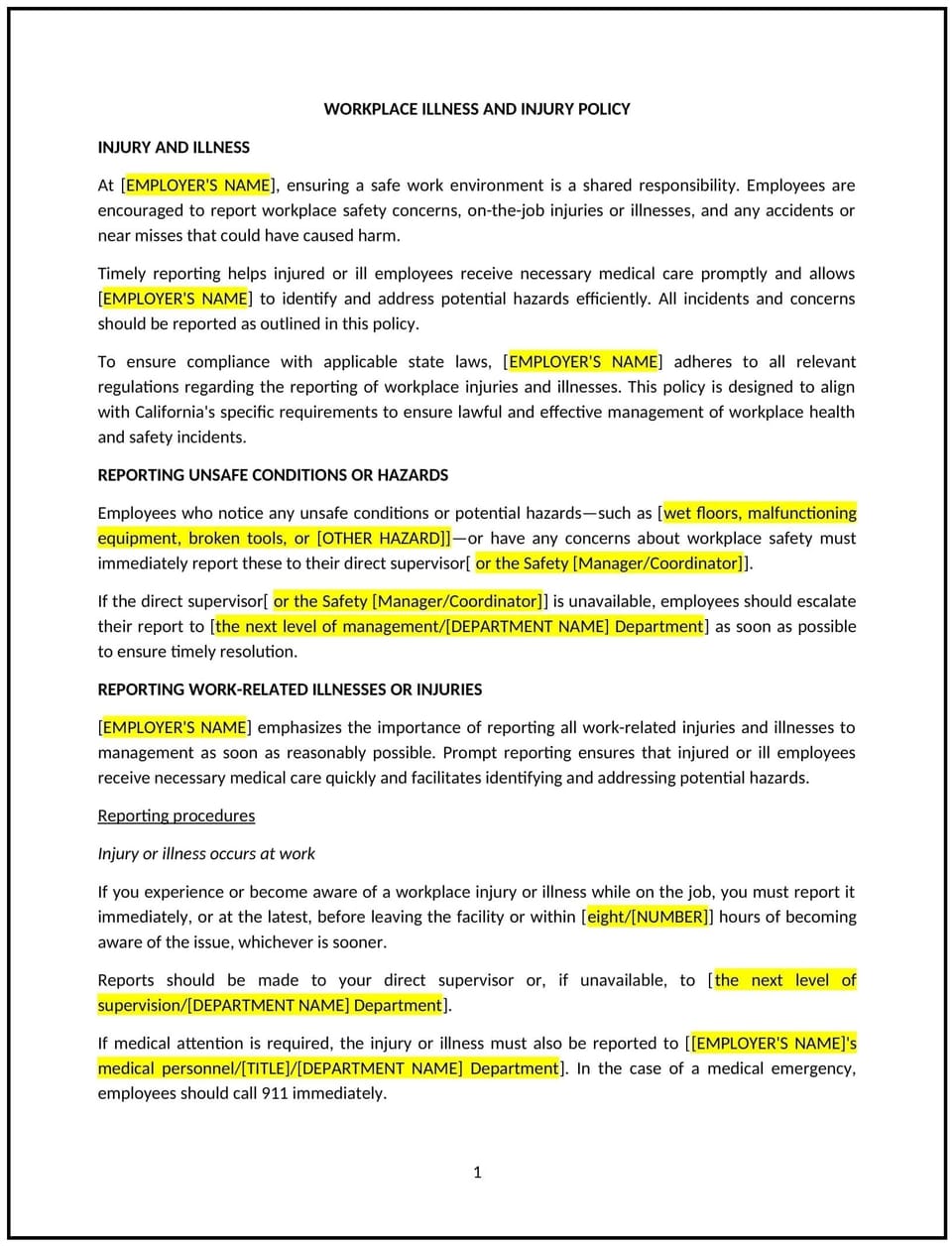 Workplace illness and injury policy (California): Free template