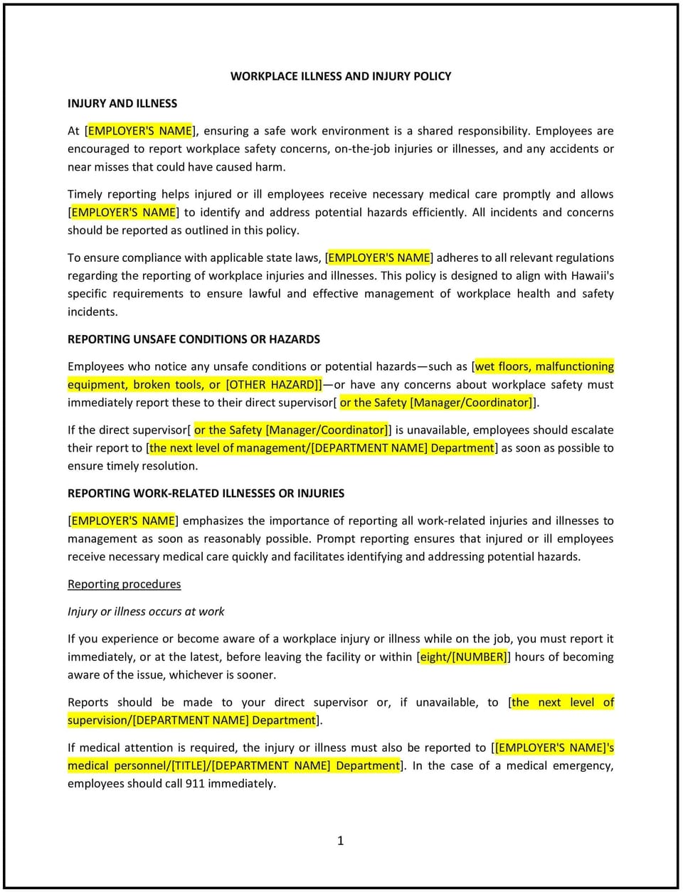 Workplace illness and injury policy (Hawaiʻi): Free template
