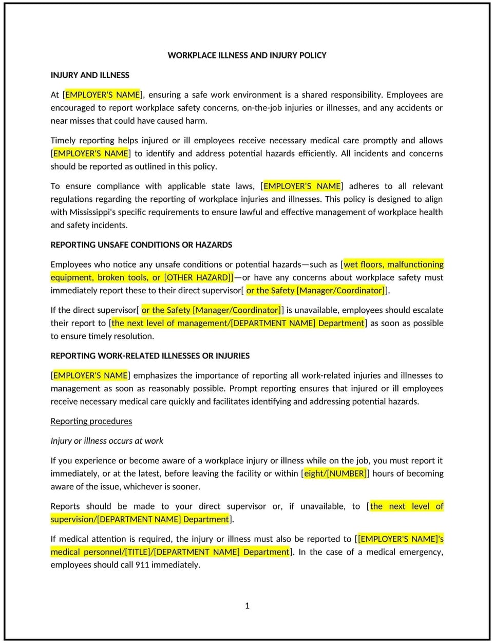 Workplace illness and injury policy (Mississippi): Free template