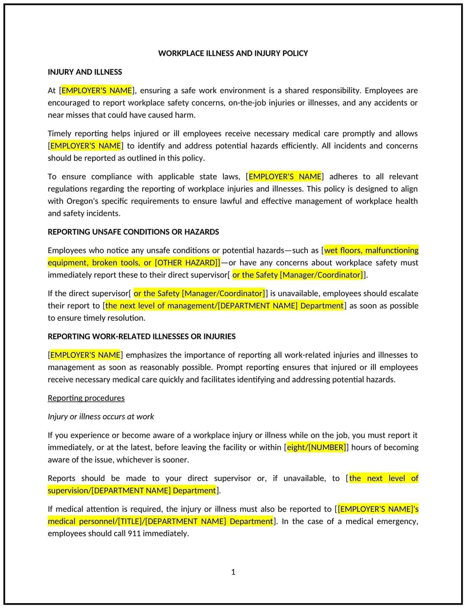 Workplace illness and injury policy (Oregon): Free template