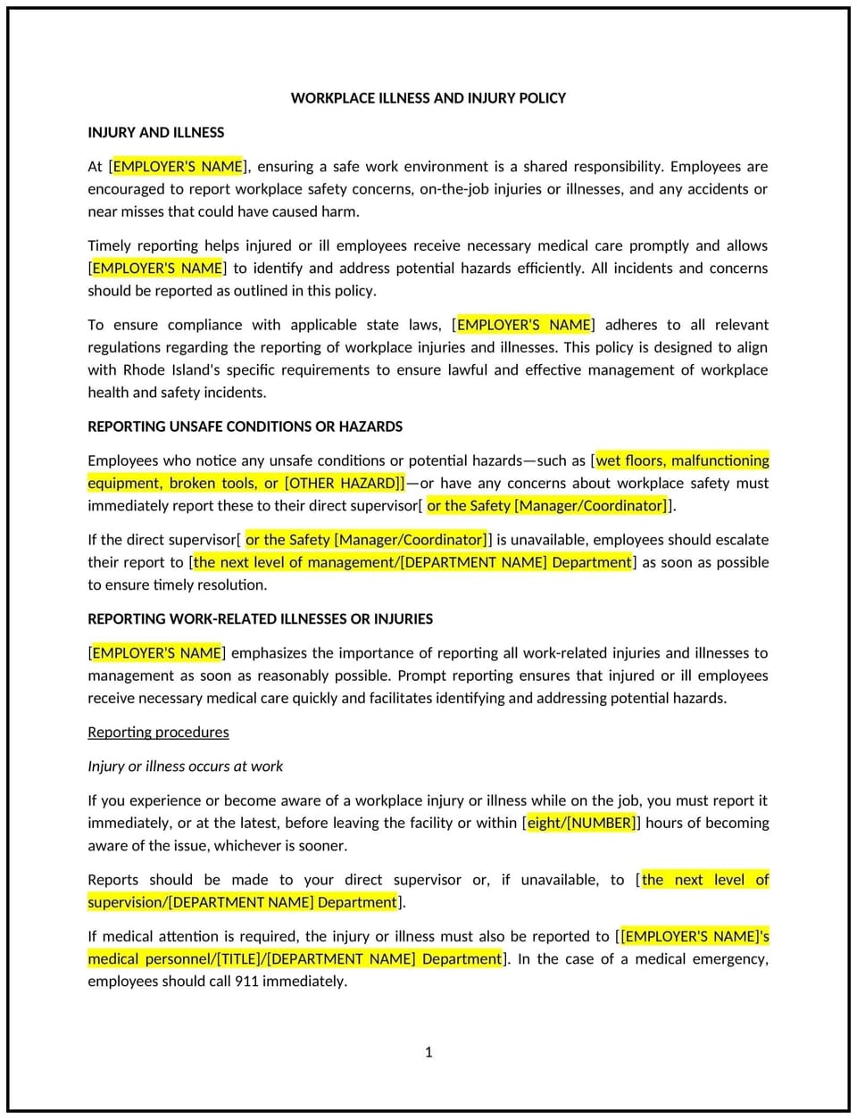 Workplace illness and injury policy (Rhode Island): Free template