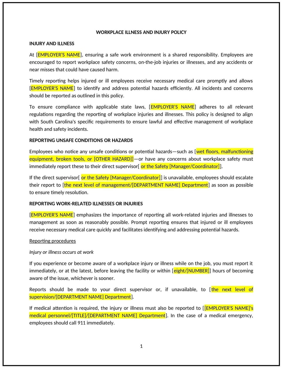 Workplace illness and injury policy (South Carolina): Free template