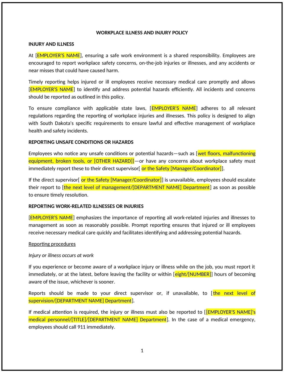 Workplace illness and injury policy (South Dakota): Free template