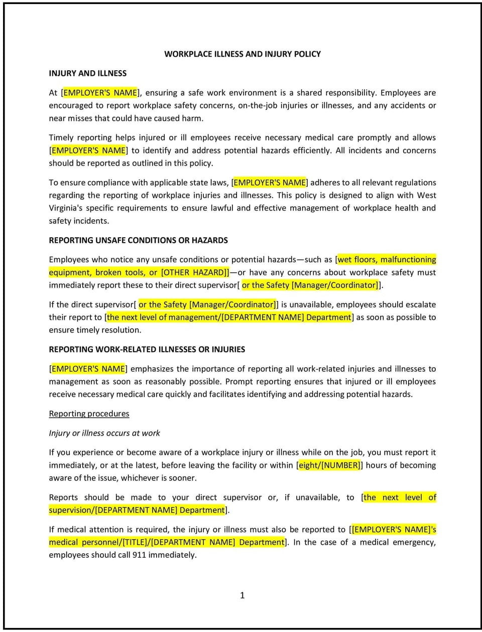 Workplace illness and injury policy (West Virginia): Free template