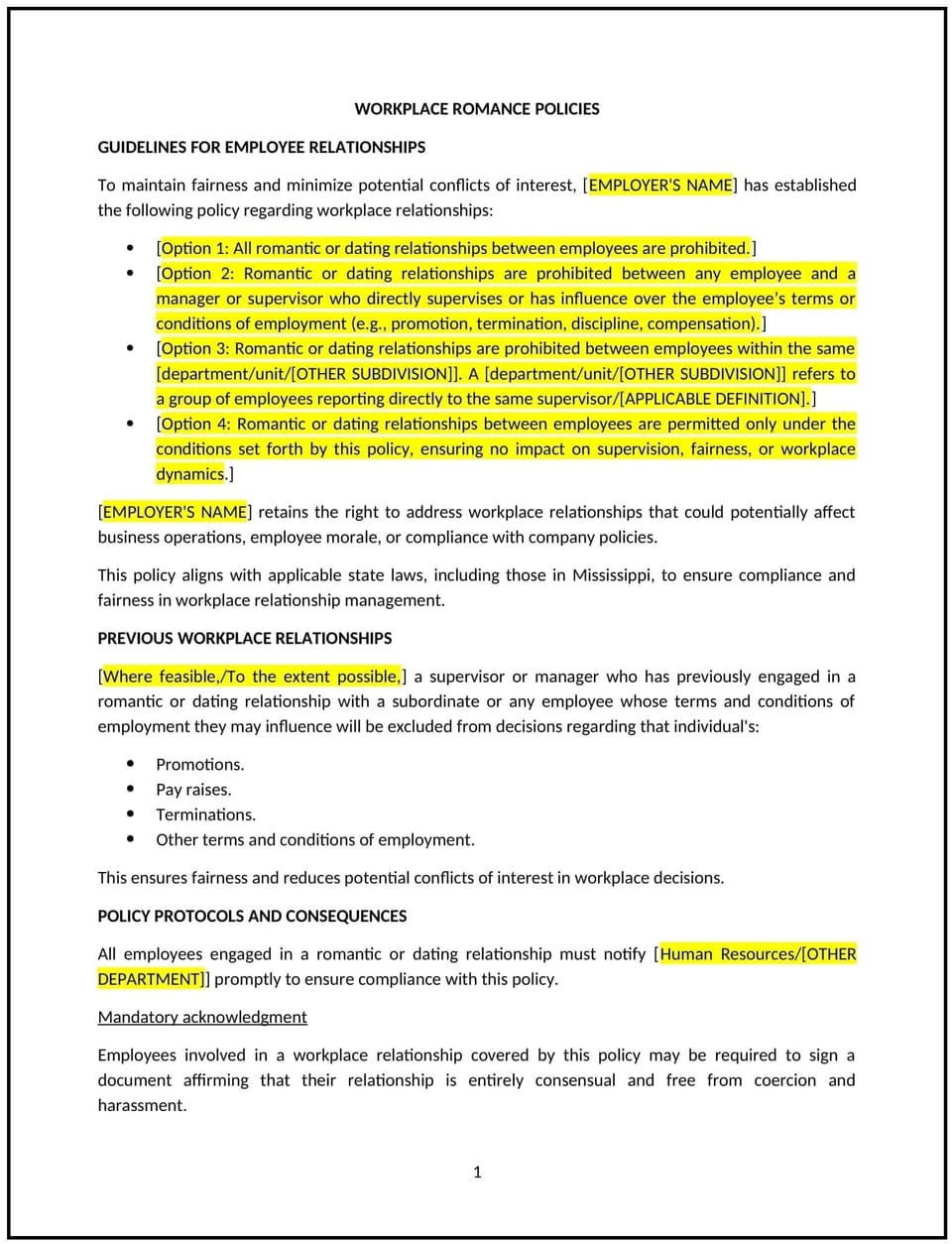 Workplace romance policy (Mississippi): Free template